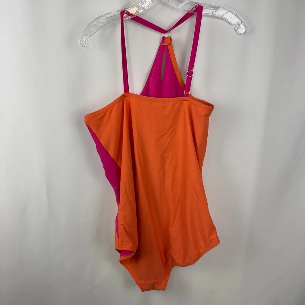Lands' End One Piece Womens L Orange UPF 50 One Shoulder Tummy Control Swimsuit